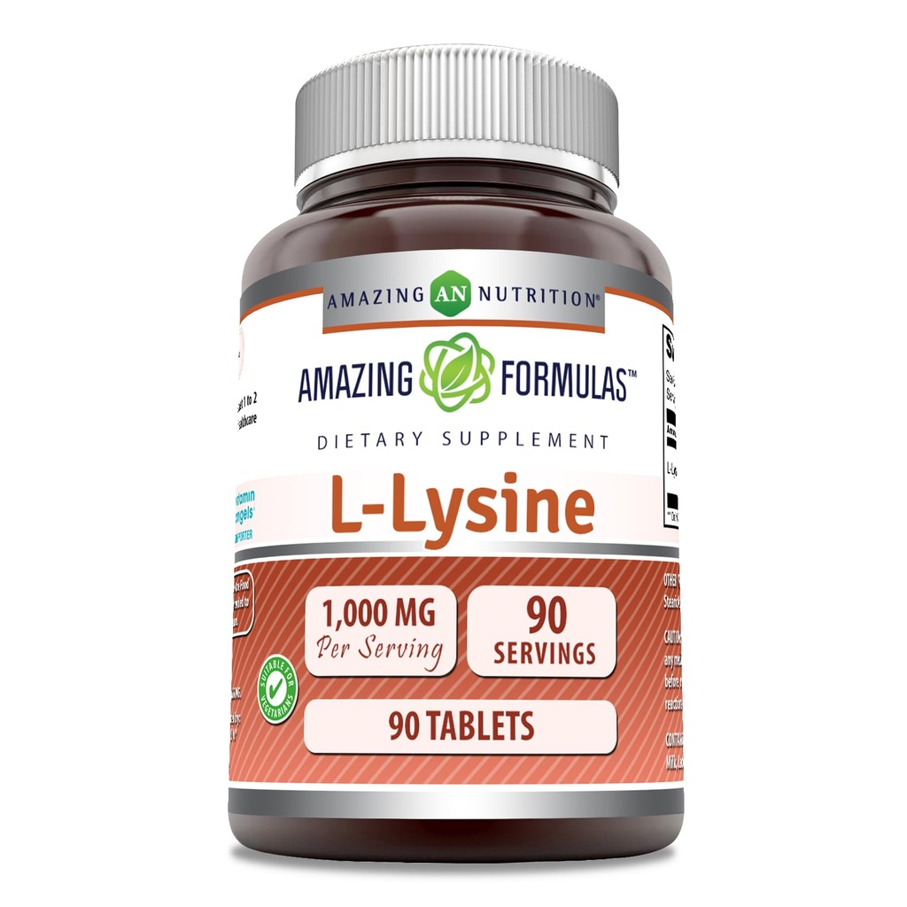 Amazing Formulas L- Lysin 1000mg Aminosyretabletter Supplement 124; Non-GMO-nummer 124; Gluten Free-nummer 124; Fremstillet i USA (90 Tæl)