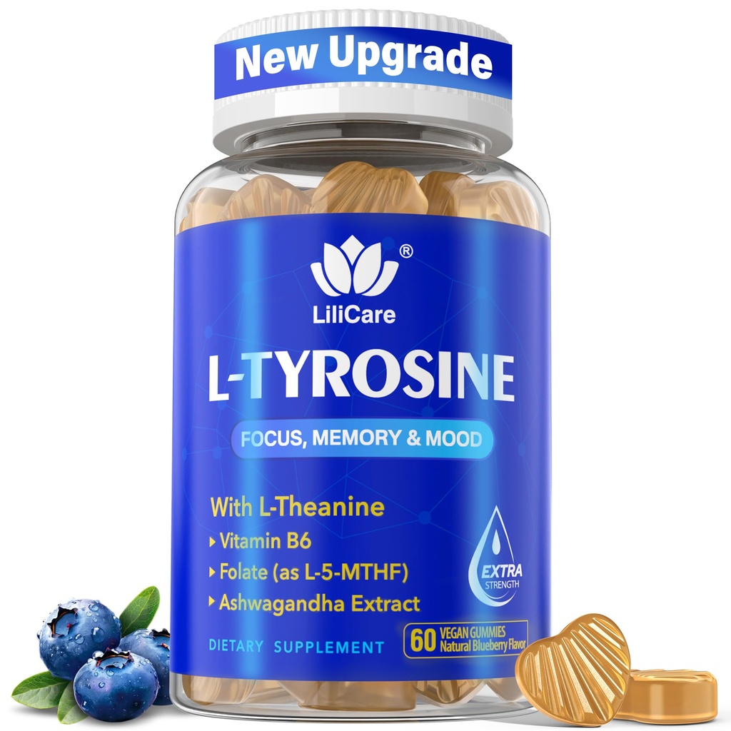 L Tyrosine Focus Supplement Gummies 1100mg til voksne, Hjerne Kosttilskud til hukommelse og fokus, L-Tyrosine Gummies med Ashwagandha, I-Theanin til rolig & Mood - Vitamin B6 & B9 til Energi- Vegan, 60ct