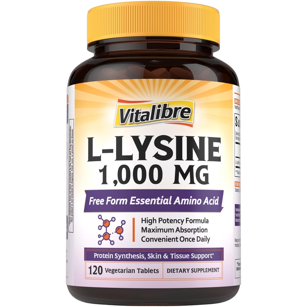 Vitalibre L- Lysin 1000 mg, højpotens L- Lysin HCl, fri form Essential Aminosyre, protein & kollagen Syntese, immunforsvar, maksimal absorption, Vegan, 120 tabletter