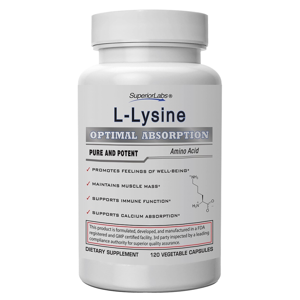 Superior Labs L- Lysin 500 mg kapsler, Pure Non- GMO, Third- Party Testet, Ingen Fillers, Gluten Free, Understøtter immunsystem, fremmer Calciumabsorption, 120 Caps