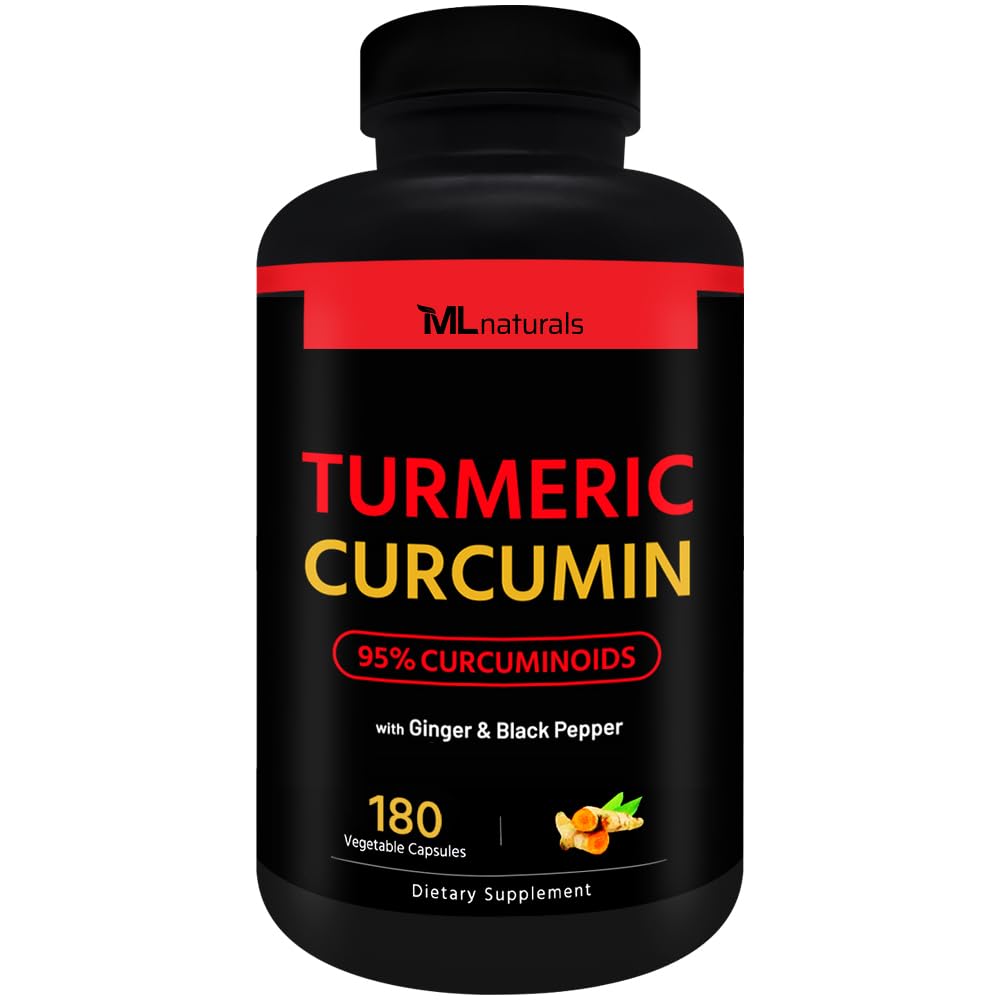 ML Naturals Organic Turmeric Curcumin – 1,800mg, Root Extract 300mg - 120mg Organic Ginger & 15mg Black Pepper (Per Serving) - 180 Vegetable Capsules – Non-GMO