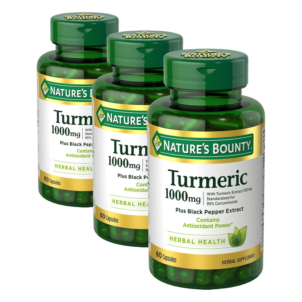 Nature's Bounty Turmeric with Black Pepper Extract,Supports Antioxidant Health,1000mg,60 Capsules,(Pack of 3)
