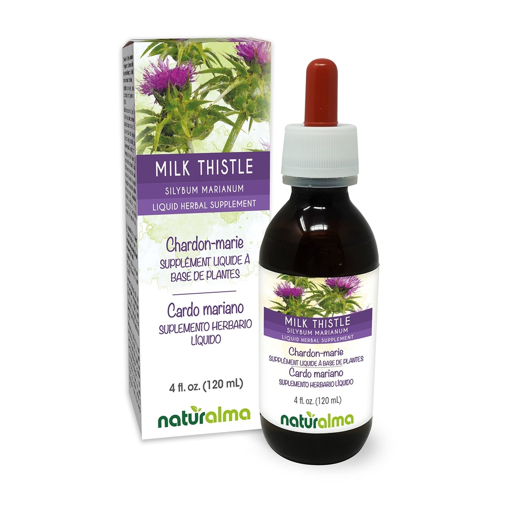 Naturalma Milk Thistle (Silybum marianum) Frugt og urt Alkoholfri tinktur - 4 fl oz flydende ekstrakt i dråber - Urtetilskud - Vegan