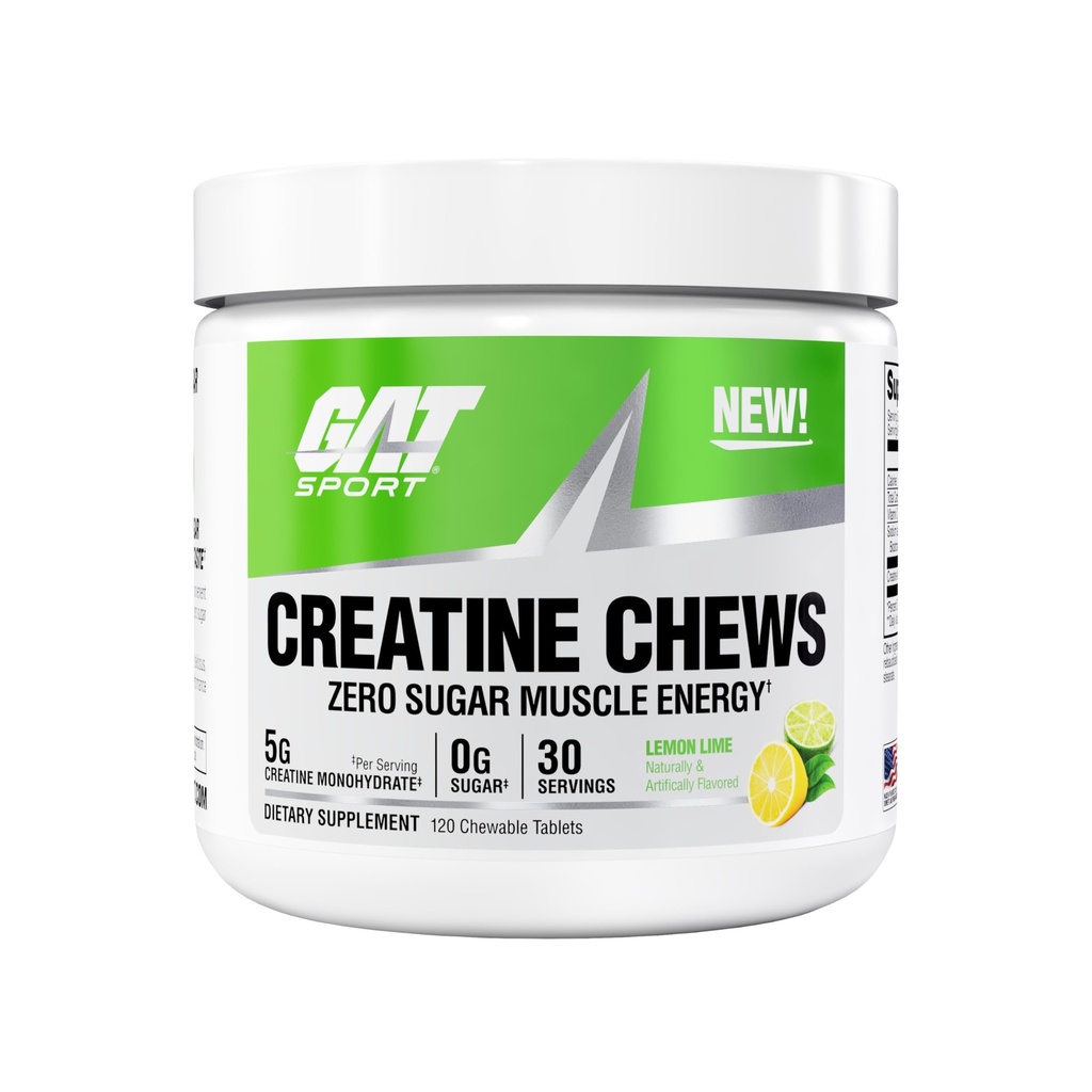 GAT SPORT Creatin Chews, Zero Sugar, 5g Pure Creatin Monohydrat, 3. part testet, Brain Health, Muskel, Styrke, Antioxidant Support, for mænd og kvinder, 30 Servere (Lemon Lime)