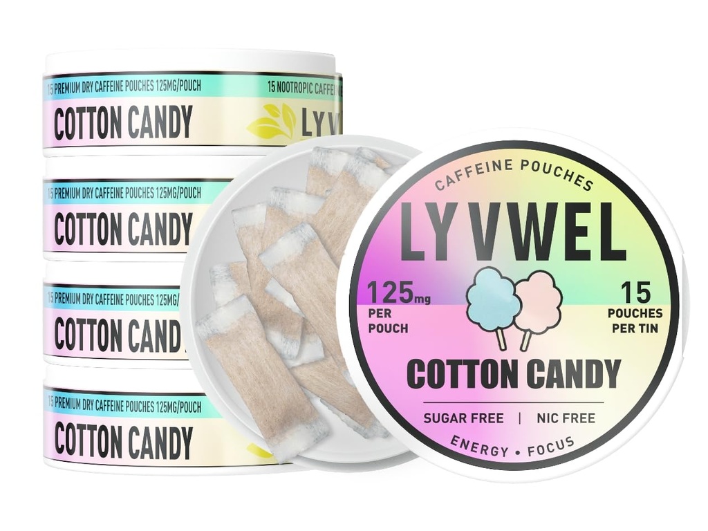 LyvWel 125mg koffein Energy Pouches - Clean Energy with Guarana for Focus & Stamina - 5-Pack (75 Total Pouches) (5 Pack, Cotton Candy)