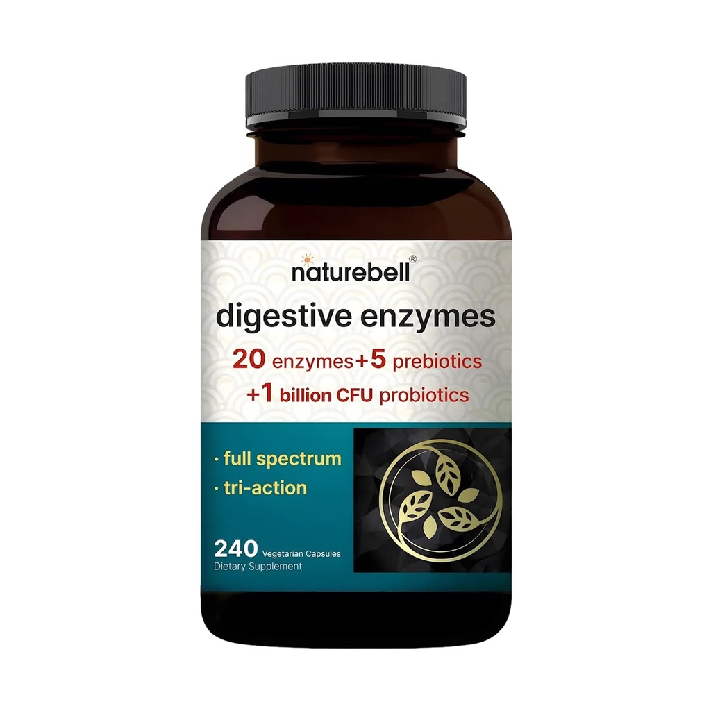 NatureBell fordøjelsesenzymer - 240 kapsler - Gut & fordøjelsessygdomme Support * - med 20 enzymer, 5 Prebiotika & 10- Strand Probiotisk Blend