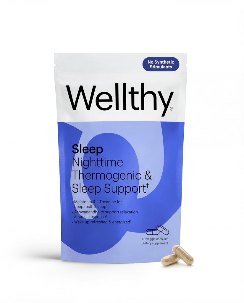 Wellthy Night Time Thermogen - B6-vitamin, Ashwagandha & Melatonin - Nighttime Thermogen for kvinder - Belly Thermogen - Natural Weight Loss Supplements for Women, 60ct