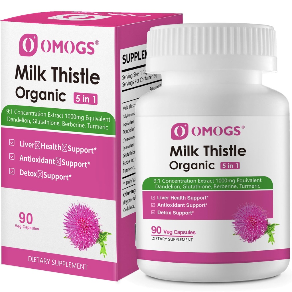 OMOGS Organic Milk Thistle, Herbal Liver Support Milk Thistle Supplement, with Dandelion Root, Glutathione, Berberine HCL &Turmeric, Support Liver Cleanse Detox & Repair, 90 Capsules