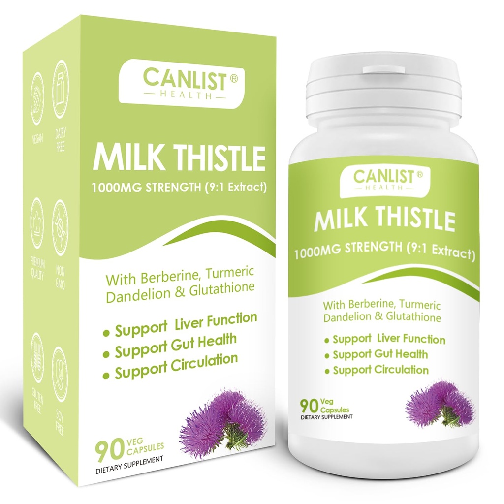 CANLIST Milk Thistle Capsules 1000mg, Potent 9:1 Extract, Liver Health Support, Detox & Cleanse, Antioxidant & Gut Health, Non-GMO, Gluten-Free, 90 Capsules
