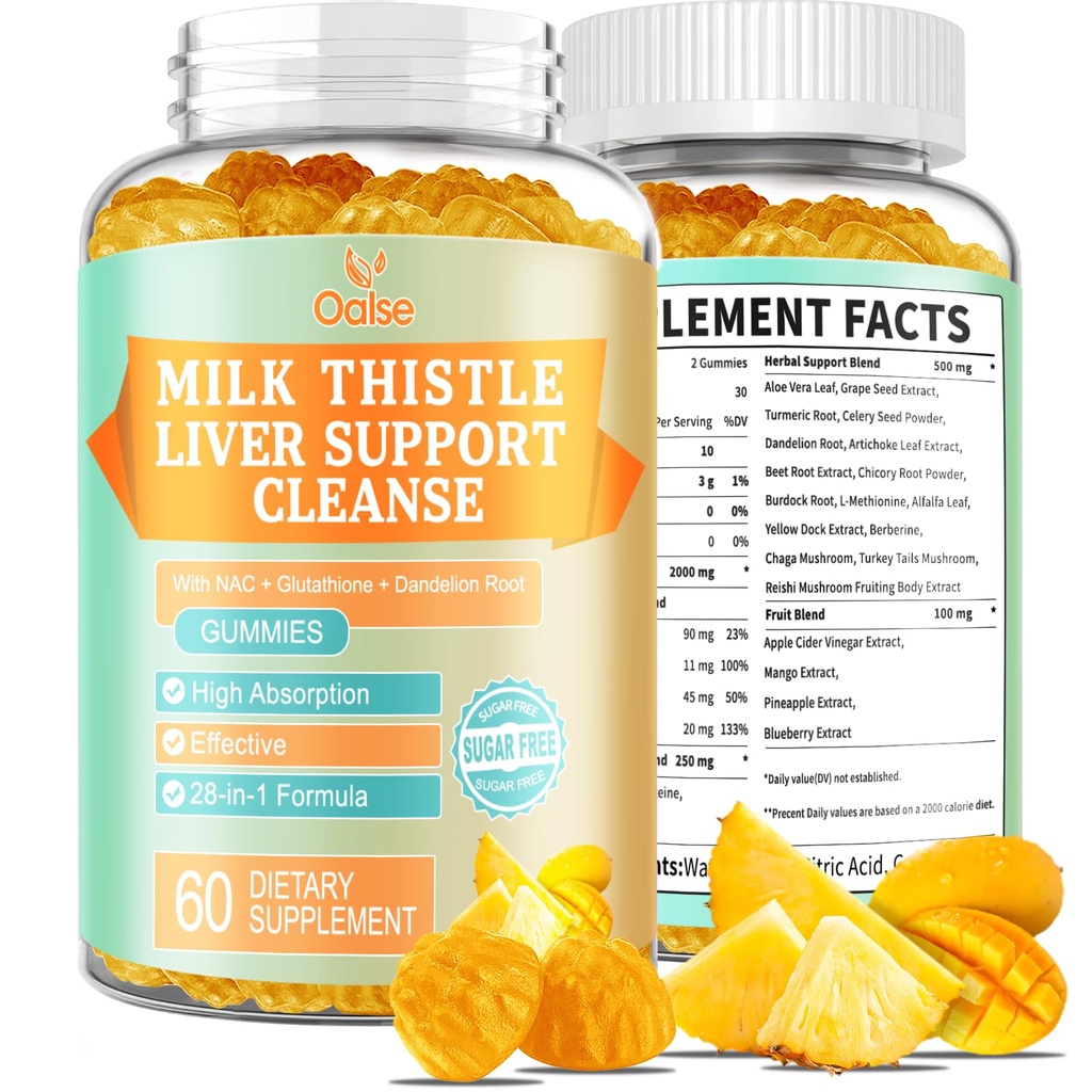 Liver Cleanse Detox & Repair 2000 Mg Milk Thistle Gummies - Mango Pineapple - with NAC, Glutathione, Dandelion Root, Aloe Vera Leaf, etc, Gluten-Free, 60 Count