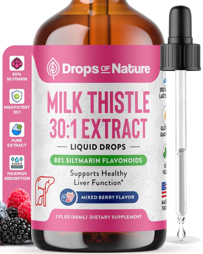Milk Thistle Drops with 80% Silymarin Flavonoids – Vegan, Non-GMO, Fast-Absorbing – Easily Mix with Drinks – Milk Thistle Supplement for Liver, Immune Care and Antioxidant Support (Mixed Berry, 60 mL)