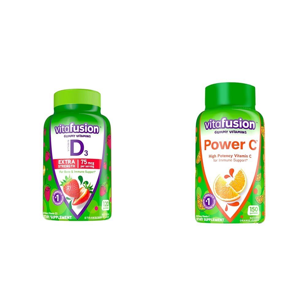 Vitafusion Extra Strength Vitamin D3 Gummy & Power C Vitamin C Gummies for Immune Support, Orange Flavored, 282 mg Vitamin C, America’s Number 1 Gummy Vitamin Brand, 50 Day Supply, 150 Count