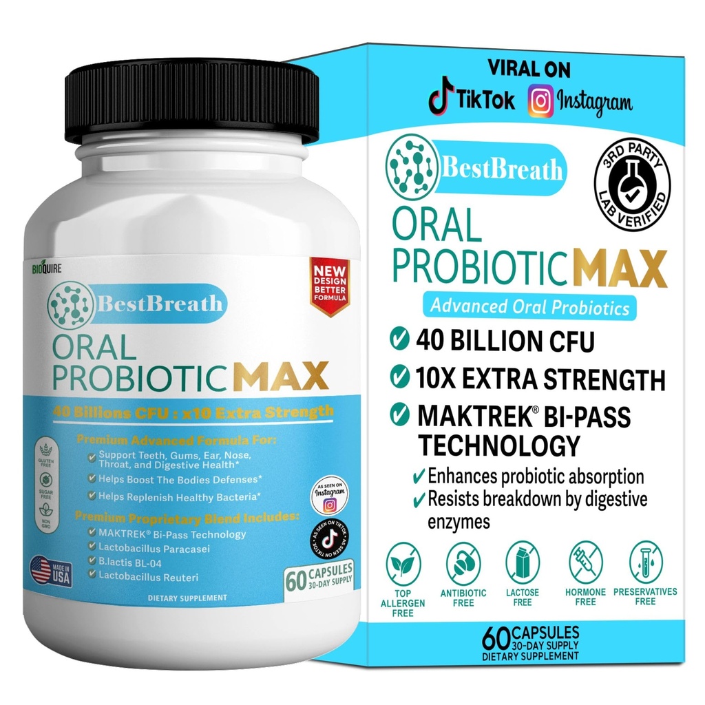 BestBreath Oral Probiotic MAX - 40 Billion CFU - Support for Teeth, Gums, Ear, Nose, Throat & Digestive Health - 60 Capsules (1)