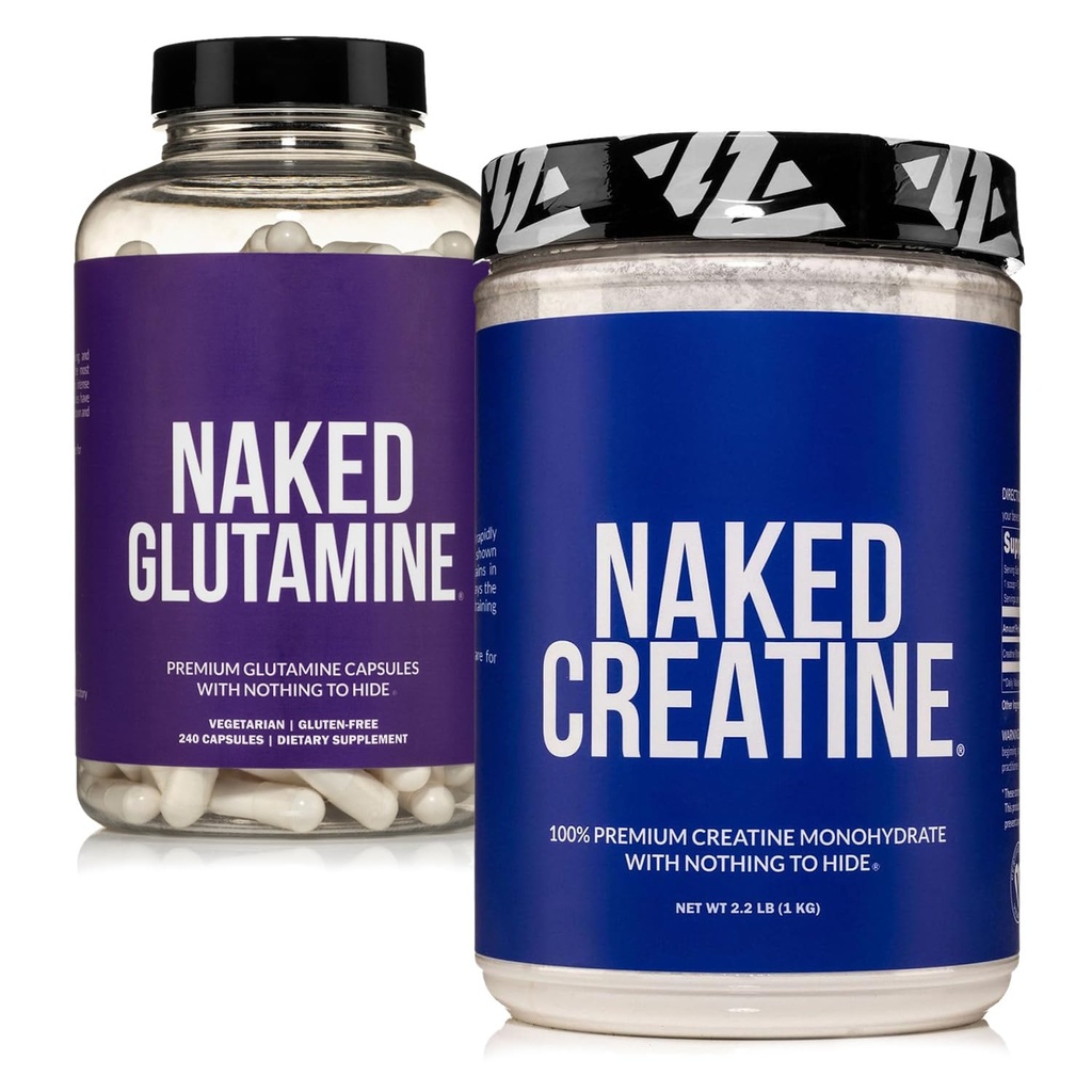 NAKED Pure Mikronized Creatin Monohydrat 200 Servering + Pure L- Glutamin 240 Kapsler Bundle: Vegan, Non- GMO, Gluten Free. Minimere muskelfordeling og forbedre proteinsyntesen. Intet Kunstigt