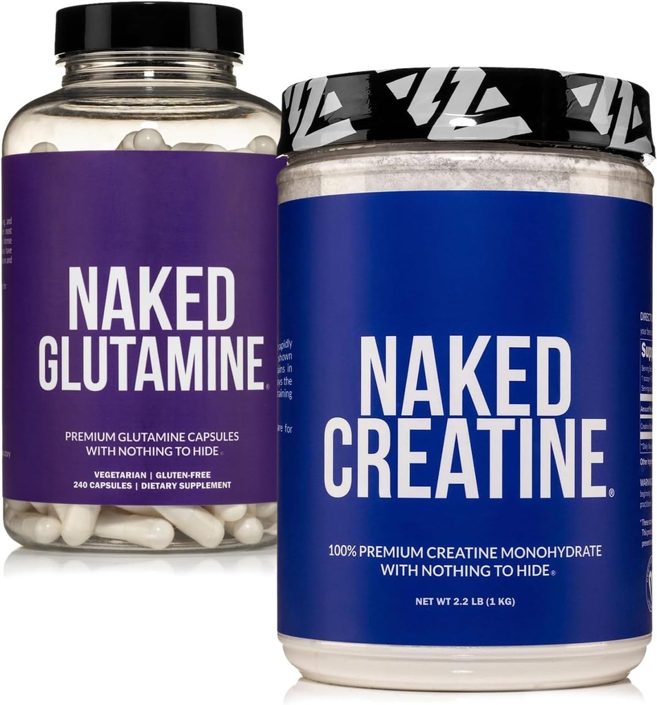 NAKED Pure Mikronized Creatin Monohydrat 200 Servering + Pure L- Glutamin 240 Kapsler Bundle: Vegan, Non- GMO, Gluten Free. Minimere muskelfordeling og forbedre proteinsyntesen. Intet Kunstigt