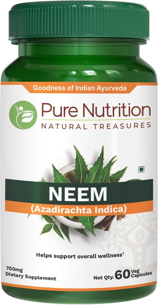 Pure Nutrition Neem Capsules 700mg. (Equivalent to 2600mg Neem Leaf Powder and Bark Powder) Non GMO | Once Daily | 60 Days Supply.