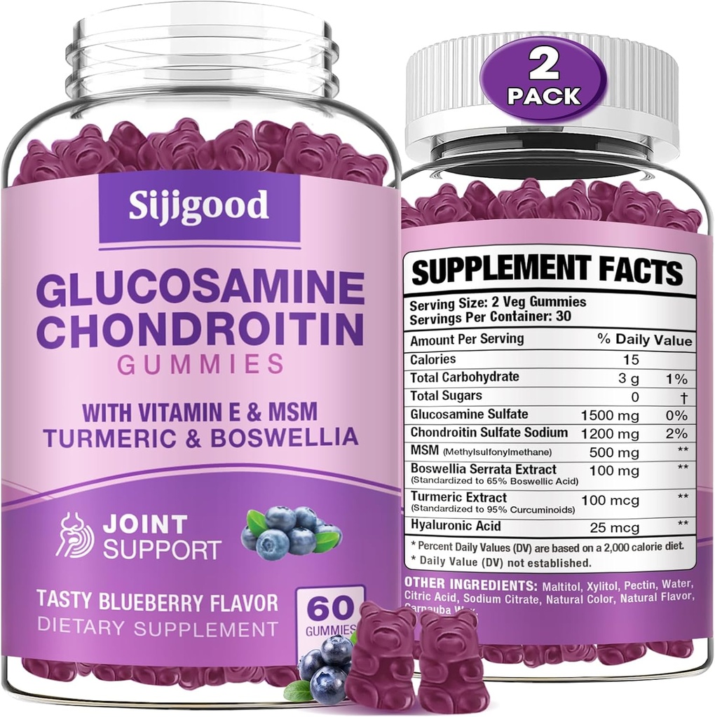 2 Pack Glucosamine Chondroitin Gummies, Extra Strength Glucosamine Chondroitin MSM med Elderberry & Gurmeric, Fælles Sundhed, Fleksibilitet, Antioxidant, Immunitet for Adults- Blueberry Flavored, 120 Gummies
