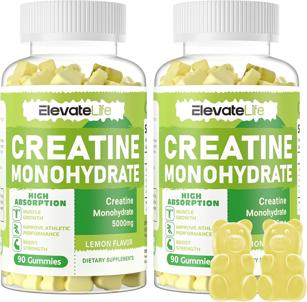 ElevateLife Creatinine Monohydrat Gummies 5g for mænd Kvinder - Sukker Free Chewable Supplement. 180 Gummies Lemon