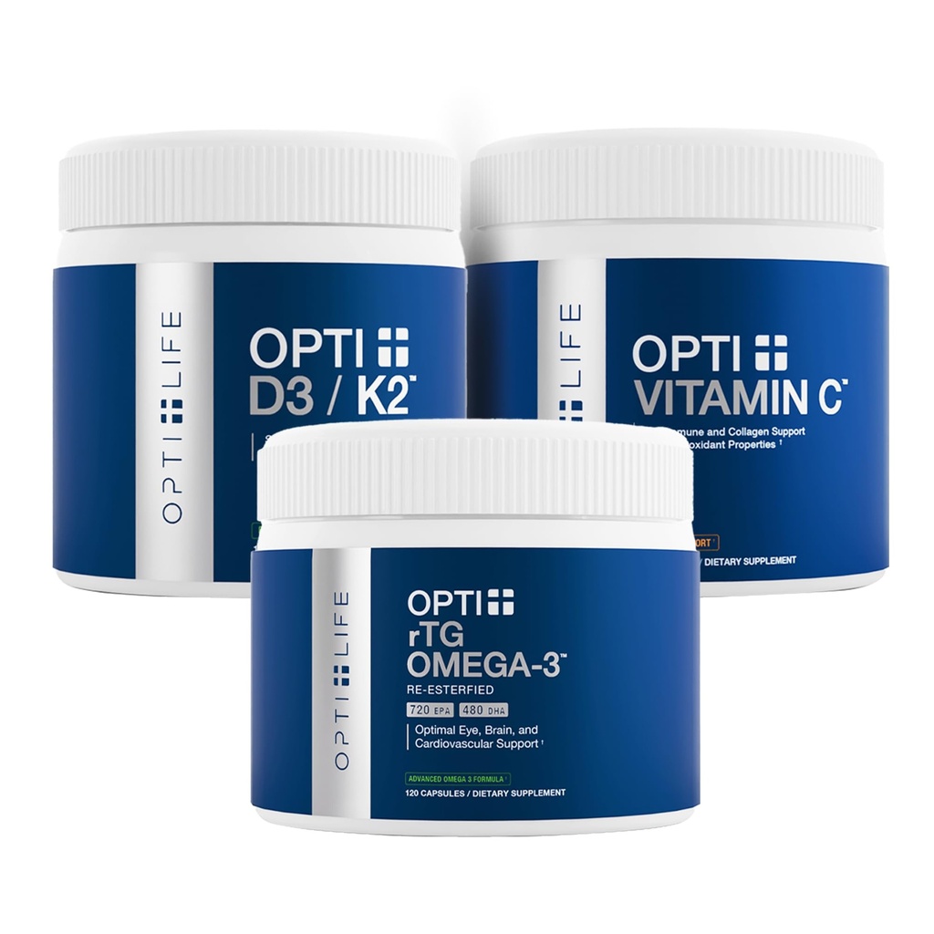 Opti+ Bone & Joint Health Bundle - Vitamin D3 K2, rTG Omega-3 & Vitamin C Supplement Kit | Supports Bone Density, Joint Wellness & Collagen Production* | 3-Product Daily Support Pack