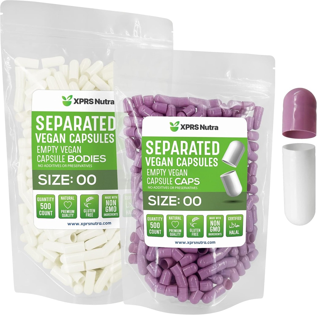 XPRS Nutra Vegan Størrelse 00 Separated Kapsler - 500 Grev Premium Tomme Kapsler Separeret i poser - 00 Piller Tom for DIY Supplement Fyldning (Lavendel / Hvid)