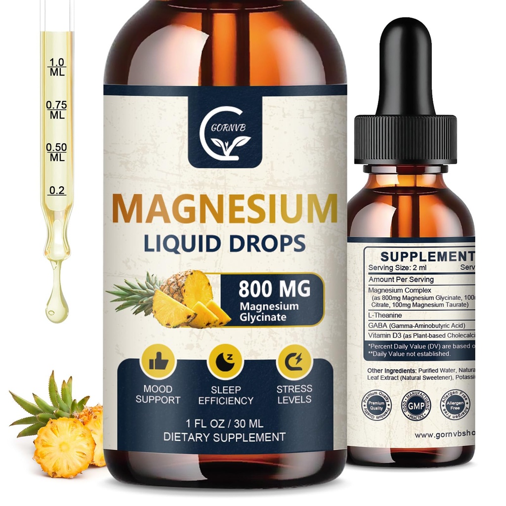 (2 Pack) Magnesium Glycinate Liquid Drops (124; 1000mg Liquid Magnesium Complex) med D3, L- Thea & GABA for Energy, Sleep, Nerve og Heart Health, High Absorption, Pineapple Flavor