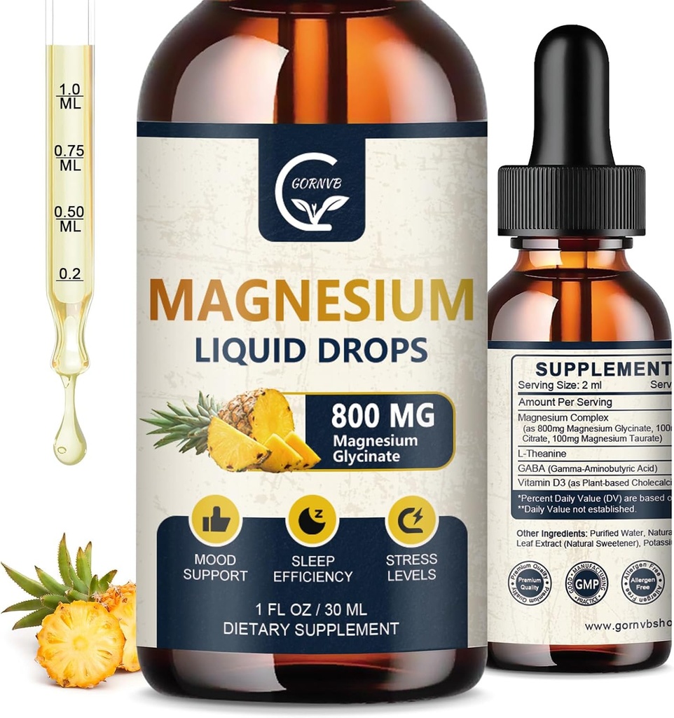 (2 Pack) Magnesium Glycinate Liquid Drops (124; 1000mg Liquid Magnesium Complex) med D3, L- Thea & GABA for Energy, Sleep, Nerve og Heart Health, High Absorption, Pineapple Flavor