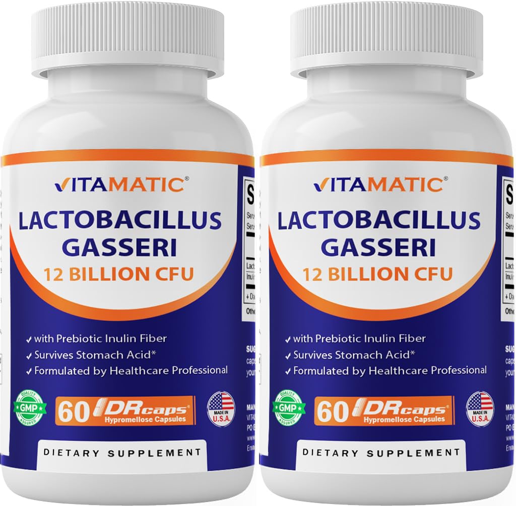 Vitamatic Lactobacillus Gasseri - 12 Billion per DR Capsule - 60 Count - Digestive Support - Made with Prebiotic Inulin Fiber- 2 Pack