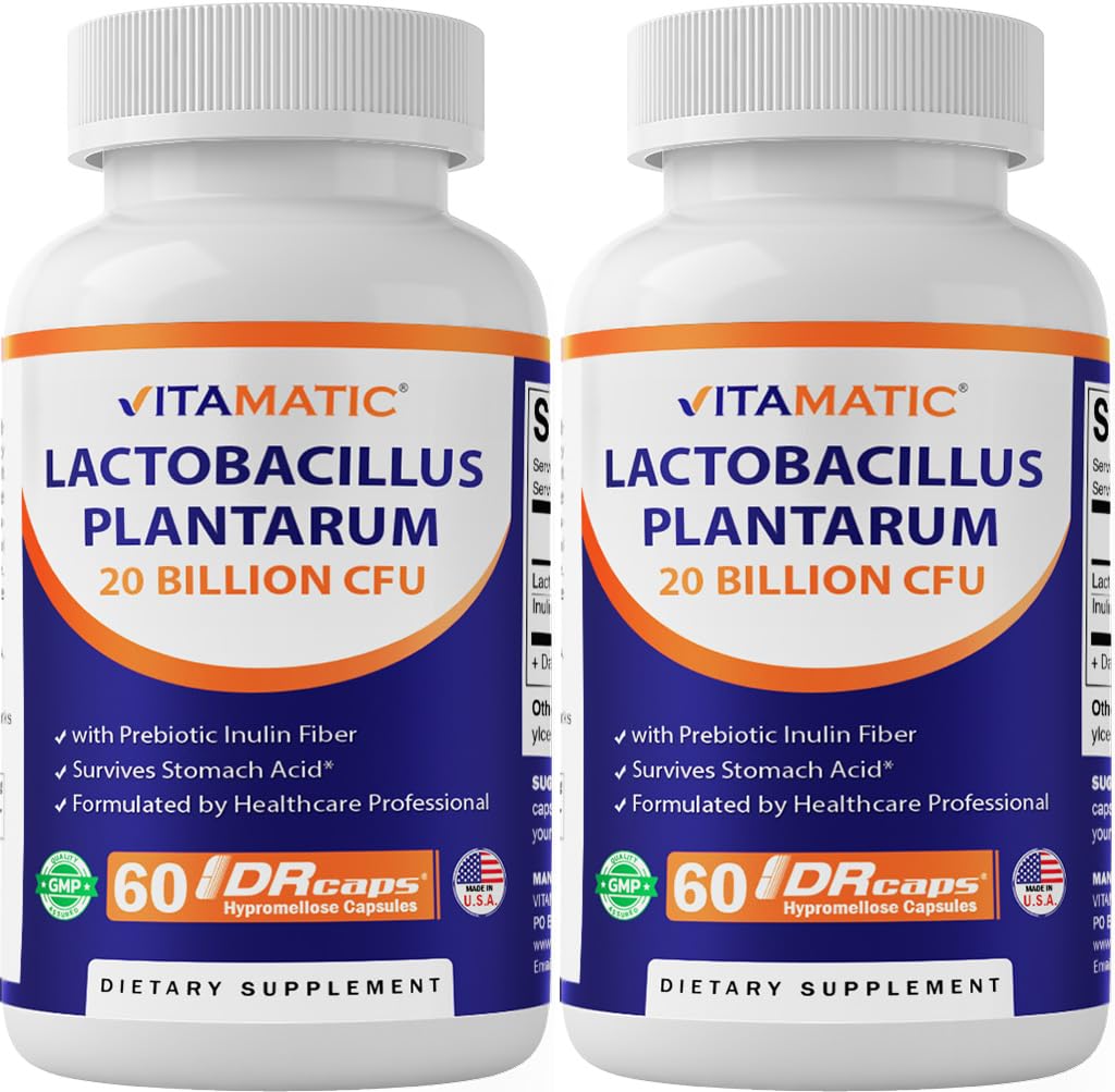 Vitamatic Lactobacillus Plantarum - 20 Billion per DR Capsule - 60 Count - Digestive Support - Made with Prebiotic Inulin Fiber-2 Pack