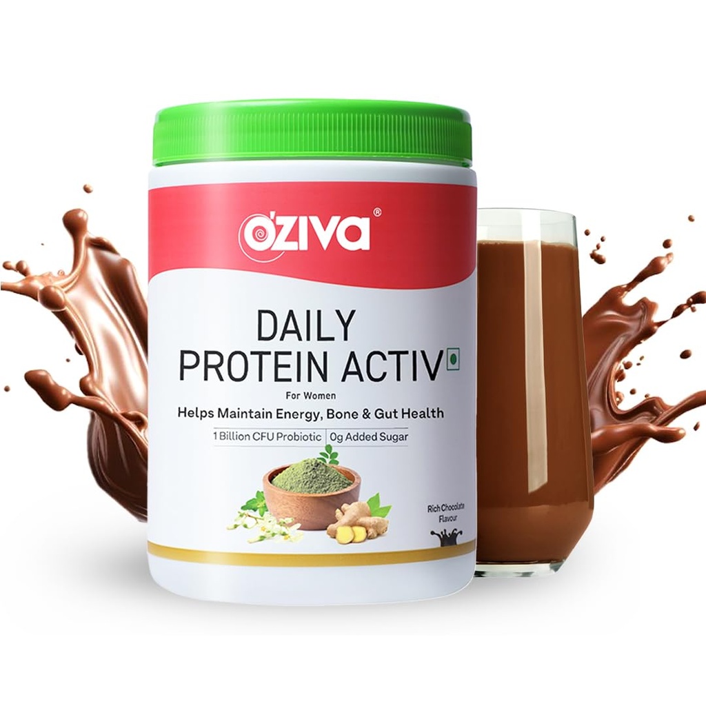 OZiva Daily Protein Activ for Women | Best Protein Powder for Women with 120g Protein, Probiotics, Shatavari for Increased Energy Levels, Bone Health and Hormonal Balance (Chocolate 300 g)