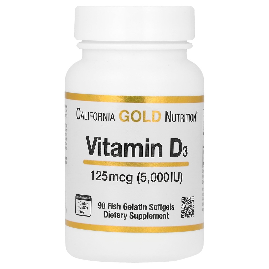 California Gold Nutrition Vitamin D3 Supplement Support for Healthy Bones & Teeth - Immune System Support - Gluten Free, Non-GMO - 125 mcg (5,000 IU) - 90 Fish Gelatin Softgels