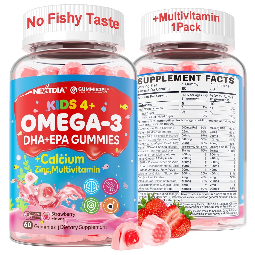 Nextdia Omega 3 (EPA/DHA) Filled Gummies for Kids Teen with Multivitamin, Calcium + D3 + K2 + Zinc, Plus Vitamin A B1 B2 B12 C, Selenium, Iodine for Brain, Eye, Bone, Energy, No Fish Taste, Sugar Free