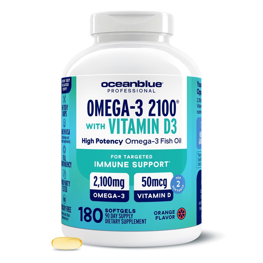 Oceanblue Professional Fish Oil with Vitamin D3 | Triple Strength 2100mg Omega-3 DPA EPA DHA | Wild Caught | Burpless Orange Flavor | 180 Softgel Capsules