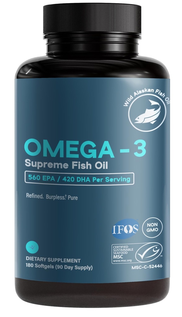 Omega-3 Supreme 1400 mg Wild Alaskan Fish Oil | Enteric Coated, Burpless | MSC Certified High EPA DHA, Improved Absorption & Heavy Metal Tested (3 Mo Supply,180 Softgels)