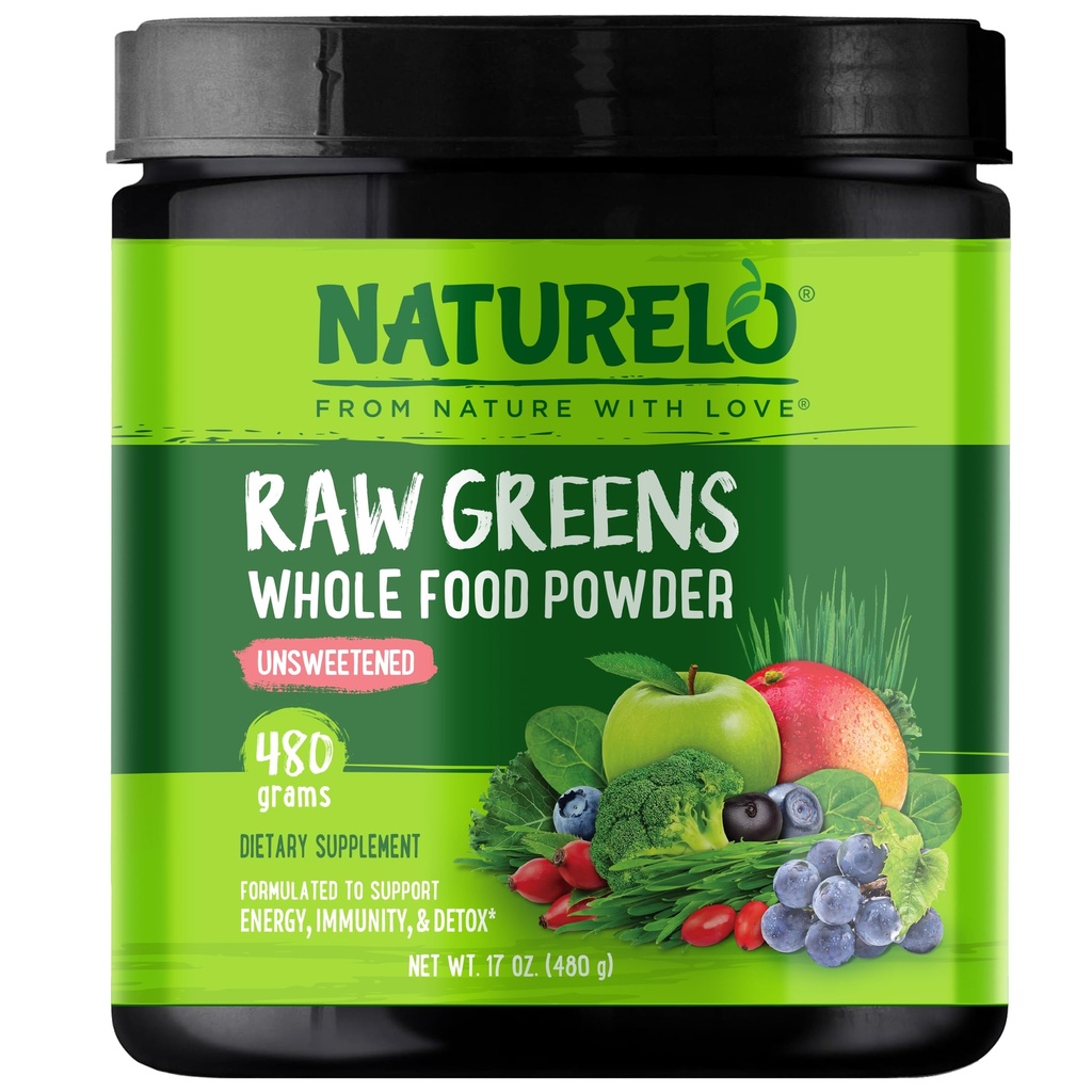 NATURELO Raw Green Superfood Powder - Usødet - Boost Energy, Detox, Enhance Health - Økologisk Spirulina - Hvede Græs - Hele fødevarer ernæring fra frugter & grøntsager - 480 Grams