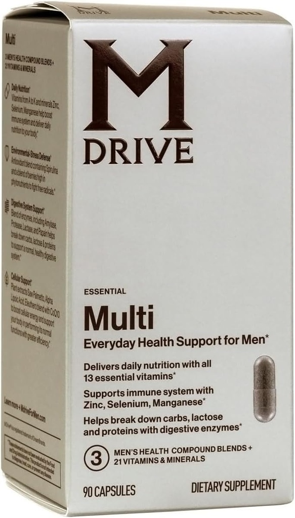 Mdrive Multivitamin til mænd, Daglig Multivitamin - immunforsvar fra zink, Selen, Mangan & D-vitamin, enzymer til fordøjelsesstøtte, CoQ10 til energi og vitamin K2, 90 kapsler