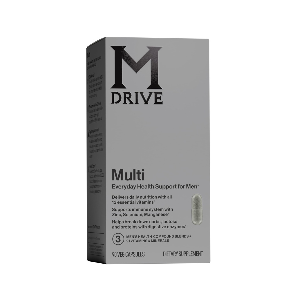 Mdrive Multivitamin til mænd, Daglig Multivitamin - immunforsvar fra zink, Selen, Mangan & D-vitamin, enzymer til fordøjelsesstøtte, CoQ10 til energi og vitamin K2, 90 kapsler