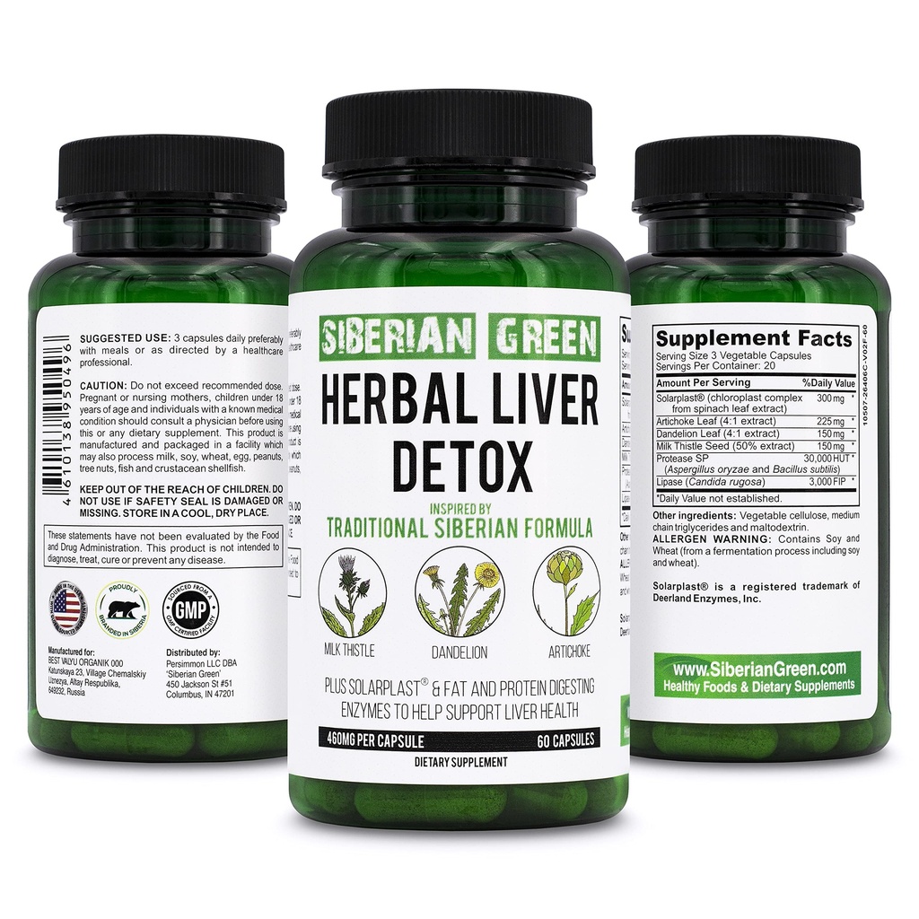 Siberian Green Herbal Lever Detox med mælk Thistle Artiskoke Dandeelion 60 Kapsler - Traditionel Siberian Formel Plus Enzymes til støtte leversundhed