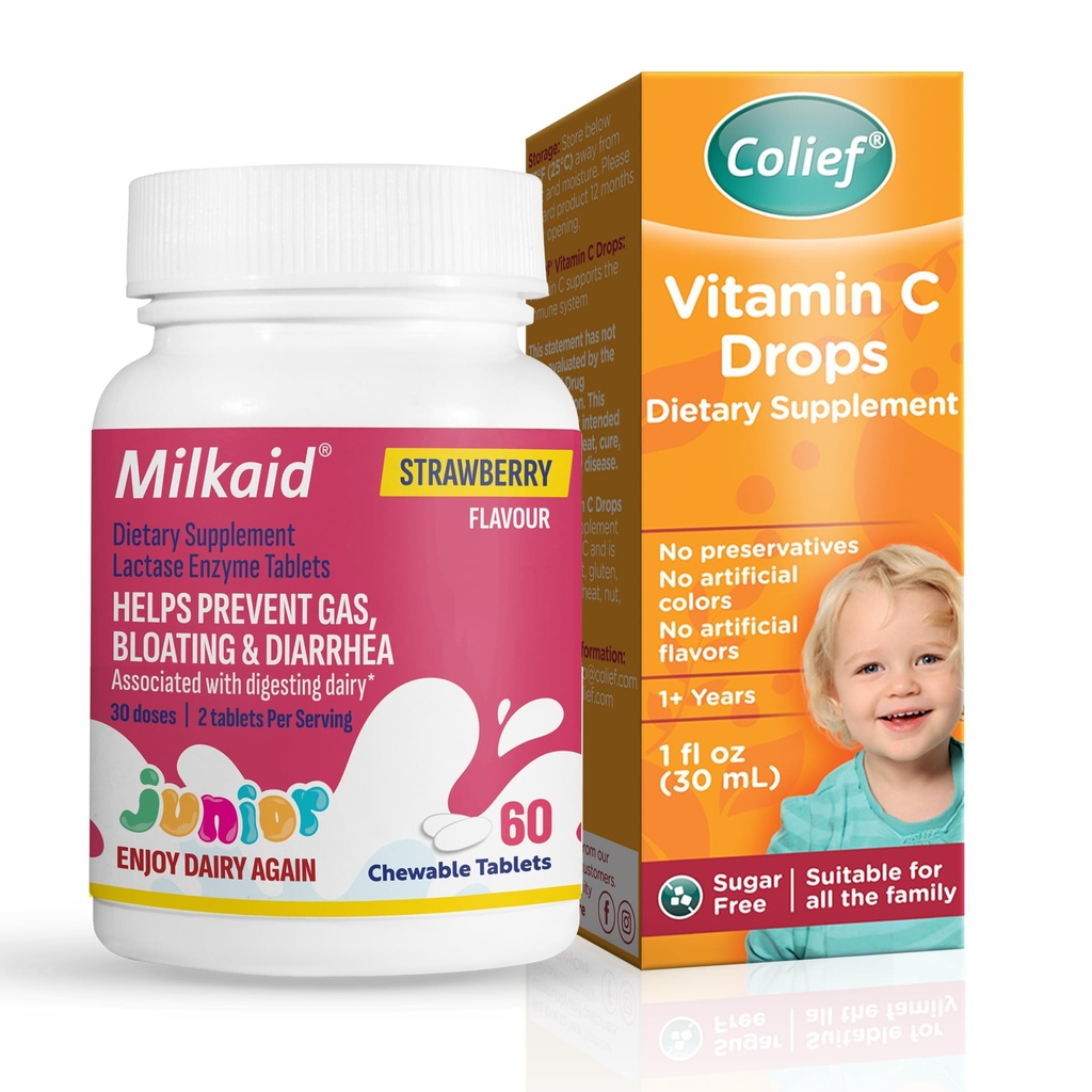 Milkaid Junior Lactase Enzyme Tablets Strawberry 60 Chewables + Colief Vitamin C Drops 30ml – Kids Digestive Support & Immune Health Bundle (Ages 1+)