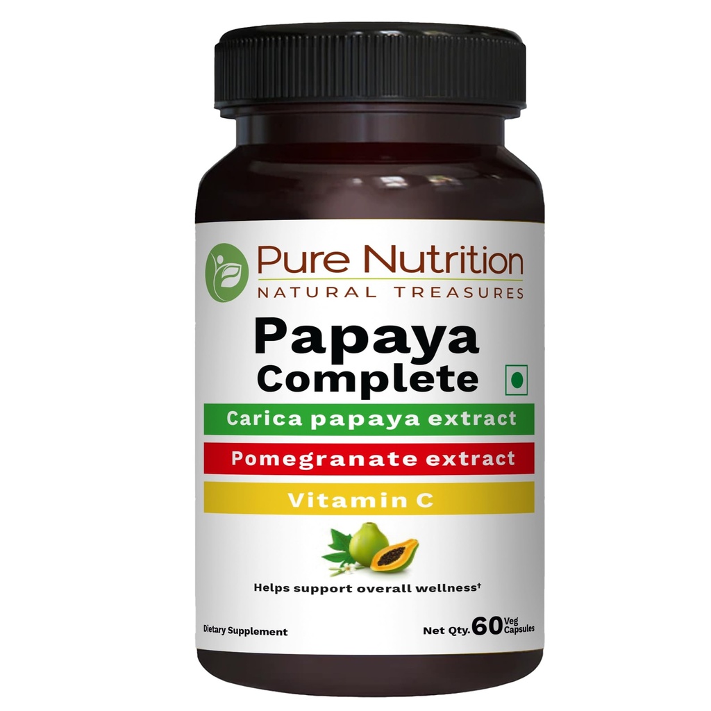Pure Nutrition Papaya Complete - 60 Veg kapsler (understøtter Platelet Immunity & fordøjelse) Hver kapsel indeholder 500mg Carica Papaya Frugt og Leaf ekstrakt. Ikke-GMO-124; Gluten- fri