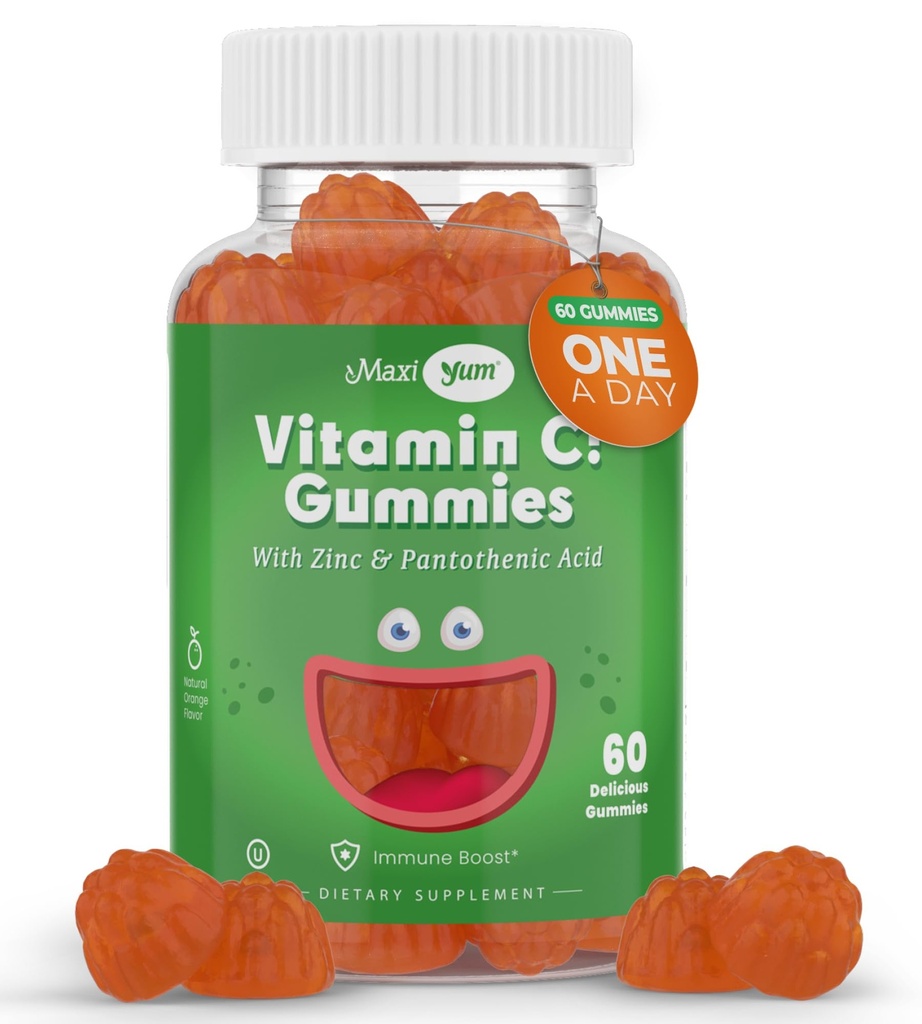Maxi- Health Vitamin C Gummies med zink - Maxi- Health Vitamin C med zink til børn og voksne - Respiratorisk support og immunbooster - Ingen konserveringsmidler og kunstige smagsstoffer - 60 Fruit Shaped Gummies