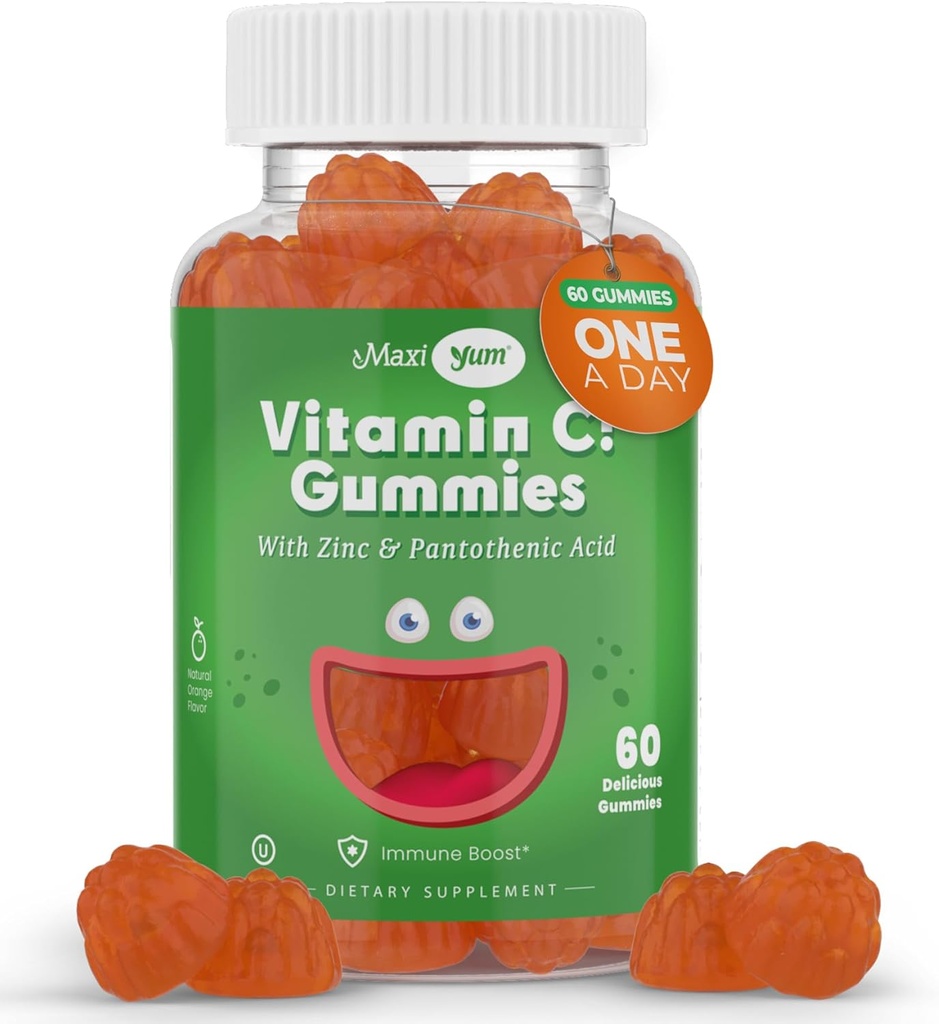 Maxi-Health Vitamin C Gummies with Zinc - Maxi-Health Vitamin C with Zinc for Children and Adults - Respiratory Support and Immune Booster - No Preservatives and Artificial Flavors - 60 Fruit Shaped Gummies