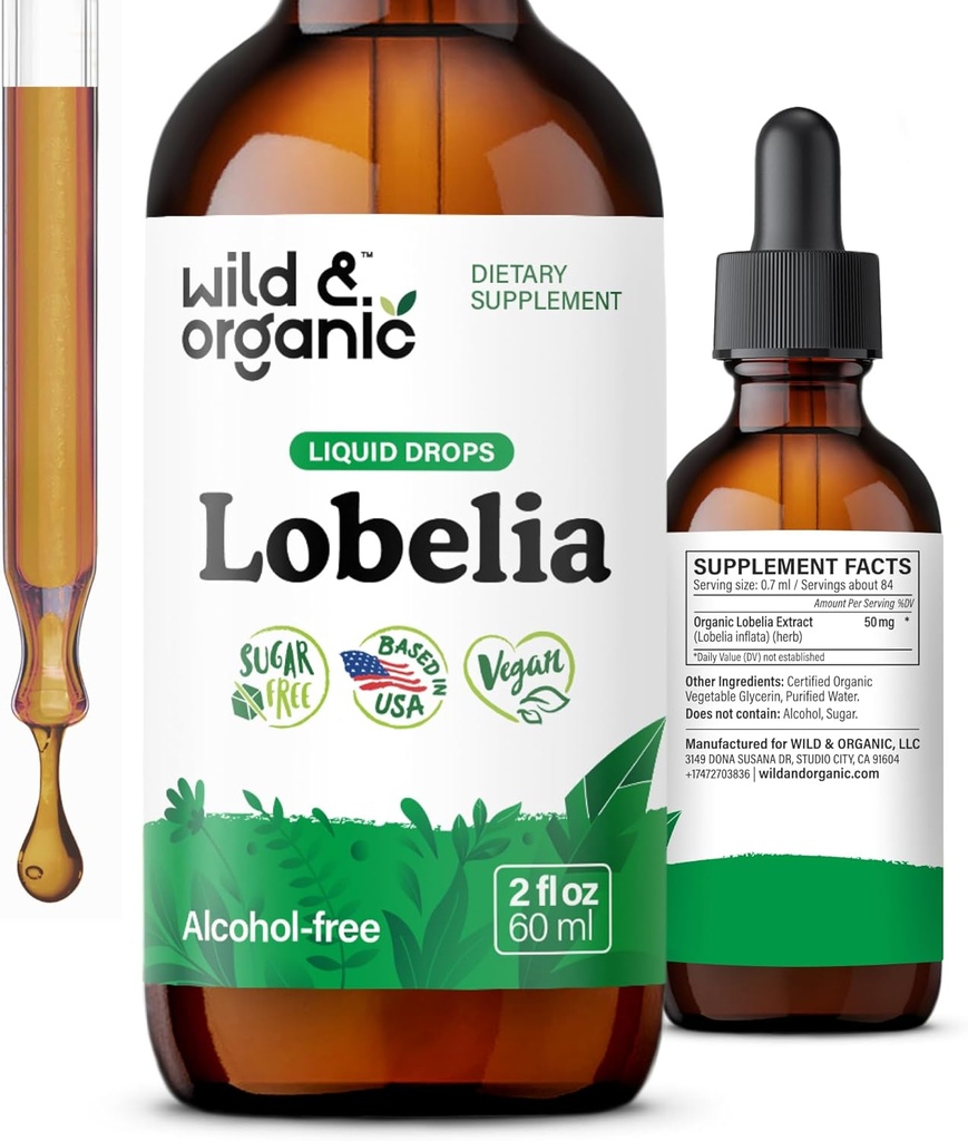 Wild & Organic Lobelia Tinktur - Herbal Lung Cleanse og Detox - Flydende Lobelia Extract Supplement - Vegan, Sukker & Alkohol- Free Herb Drops - 2 fl oz
