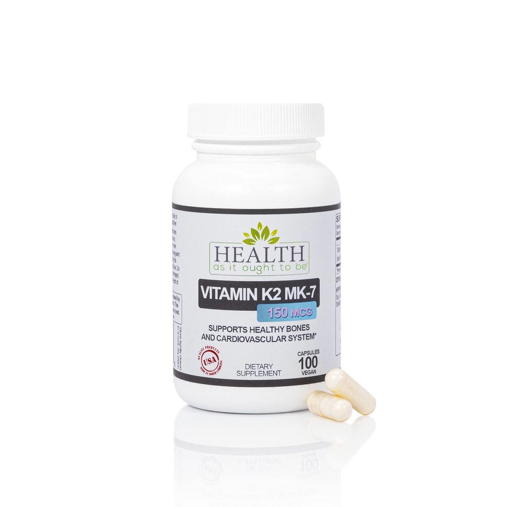 Health As It Ought To Be Vitamin K2 MK-7 150 mcg Supplement – Supports Bone and Cardiovascular Health – Soy-Free, Works with Vitamin D3 – 100 Capsules