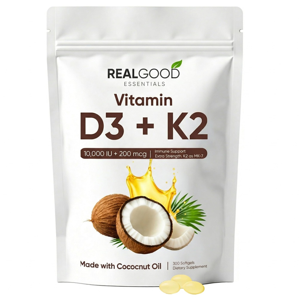 Real Good Essentials Vitamin D3K2 – 300 Softgels, High Absorption Softgels for Bone, Heart & Immune Support – Virgin Coconut Oil, Easy to Swallow
