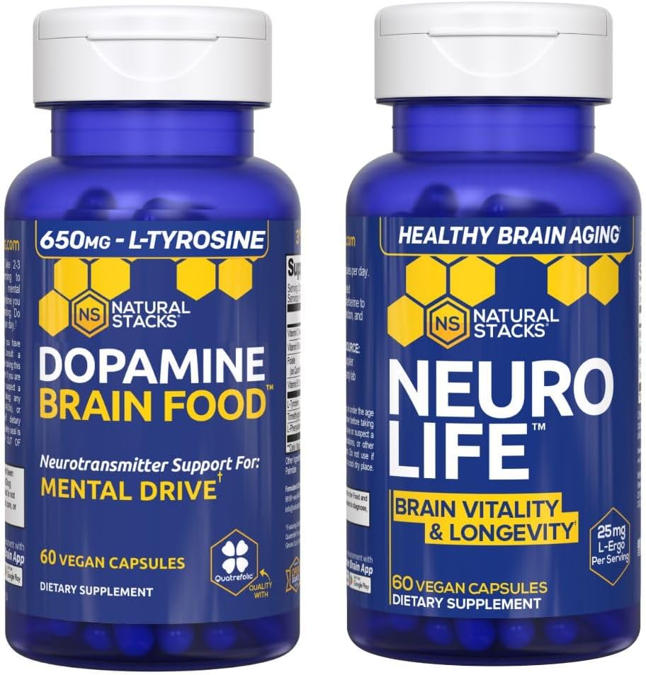 NATURLIGE STAKKER NeuroLife + Dopamin Brain Food Bundle - Understøtter Mental Drive & Brain Longevity * - 120 Total Kapsler