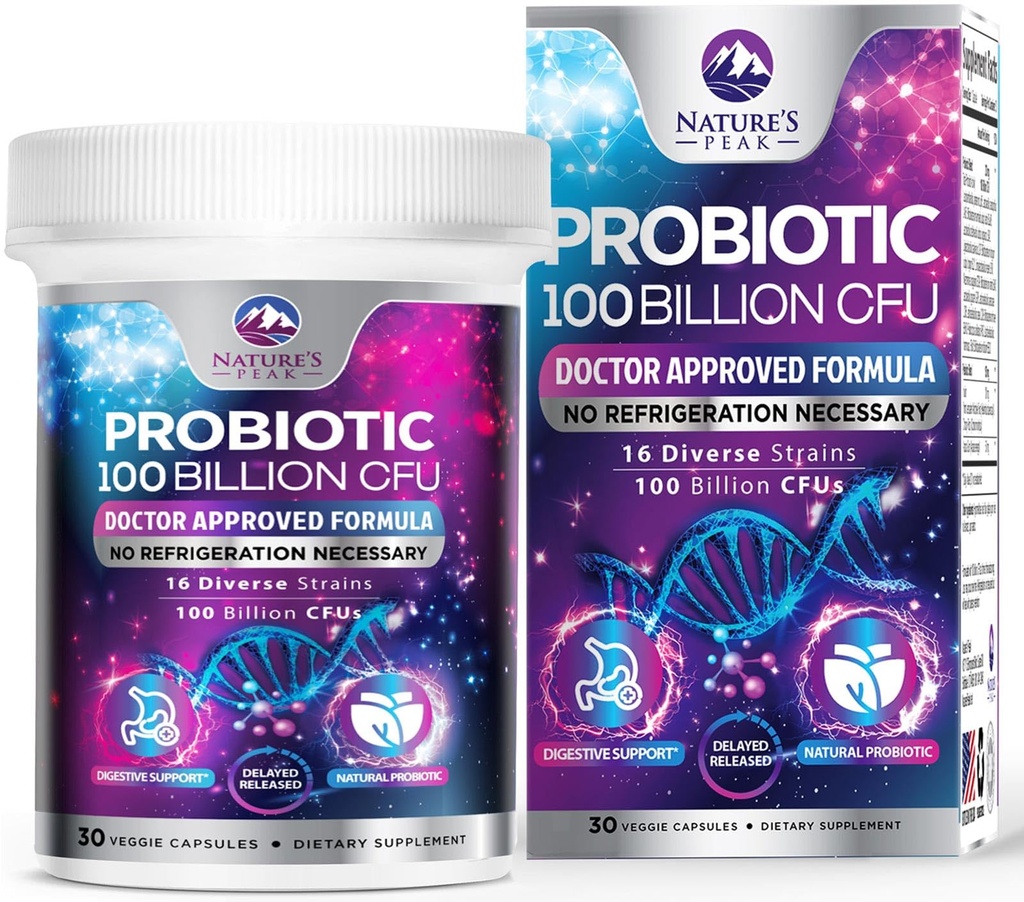 Probiotics for Digestive Gut Health - 100 Billion CFU Per Capsule, 16 Premium Strains & Prebiotics - Best Probiotics for Women & Men, Occasional Constipation, Gas, Immune Health Support - 30 Capsules