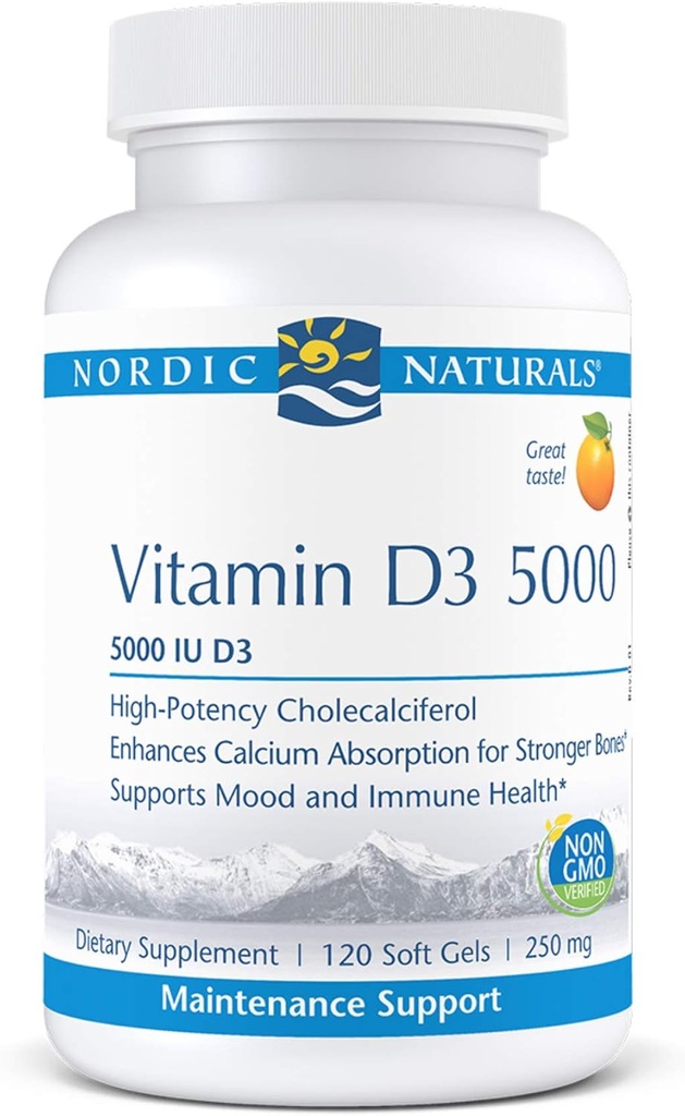Nordic Naturals Pro Vitamin D3 5000, Orange - 120 Mini Soft Gels - 5000 IE Vitamin D3 - Understøtter sunde knogler, Mood & immunsystem funktion - ikke-GMO - 120 Servering