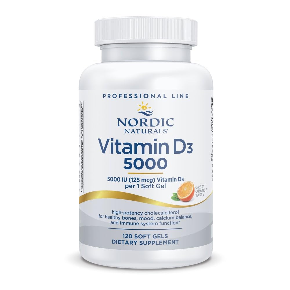 Nordic Naturals Pro Vitamin D3 5000, Orange - 120 Mini Soft Gels - 5000 IE Vitamin D3 - Understøtter sunde knogler, Mood & immunsystem funktion - ikke-GMO - 120 Servering