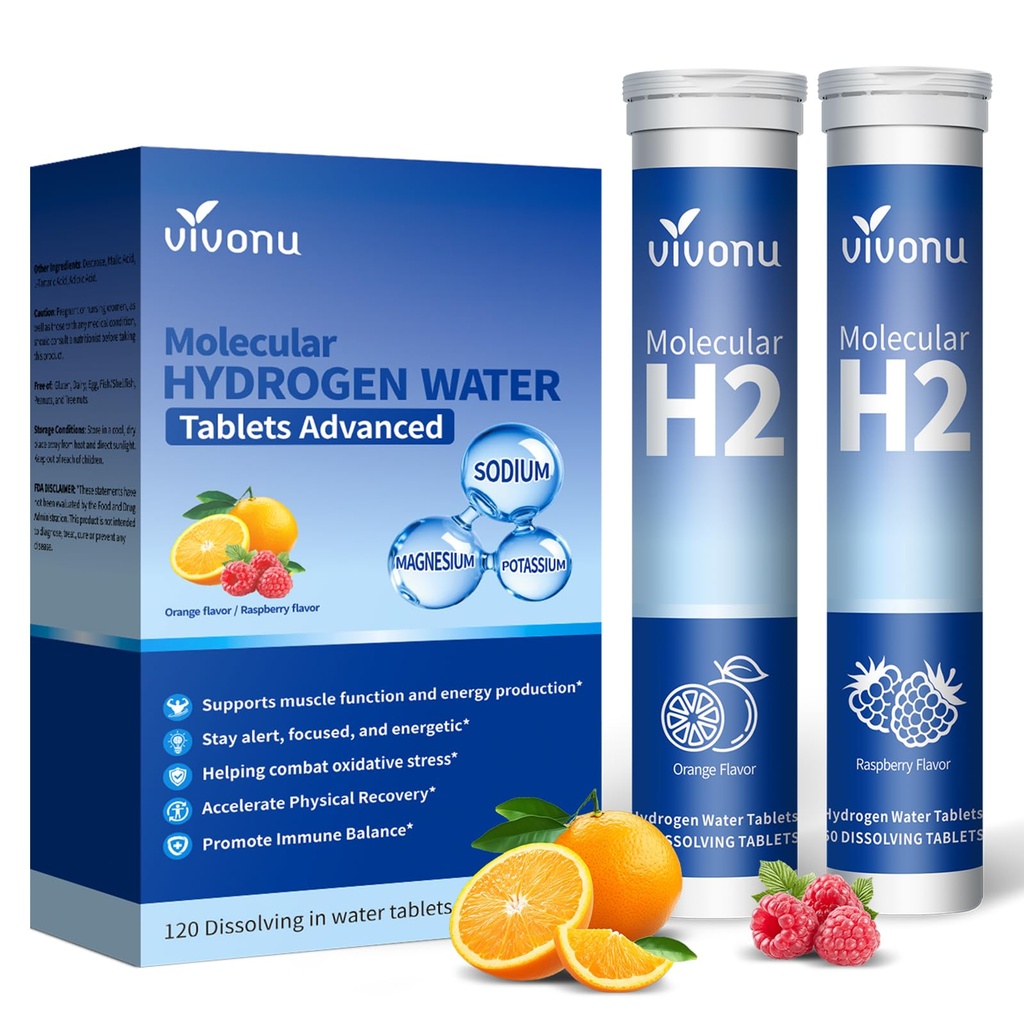 VivoNu Hydrogen Water Tablets with Electrolytes & Magnesium Complex, Vitamin C & D | 2 Flavors Pack (Orange & Raspberry) | Zero Sugar Electrolyte Powder Alternative for Rapid Hydration & Recovery
