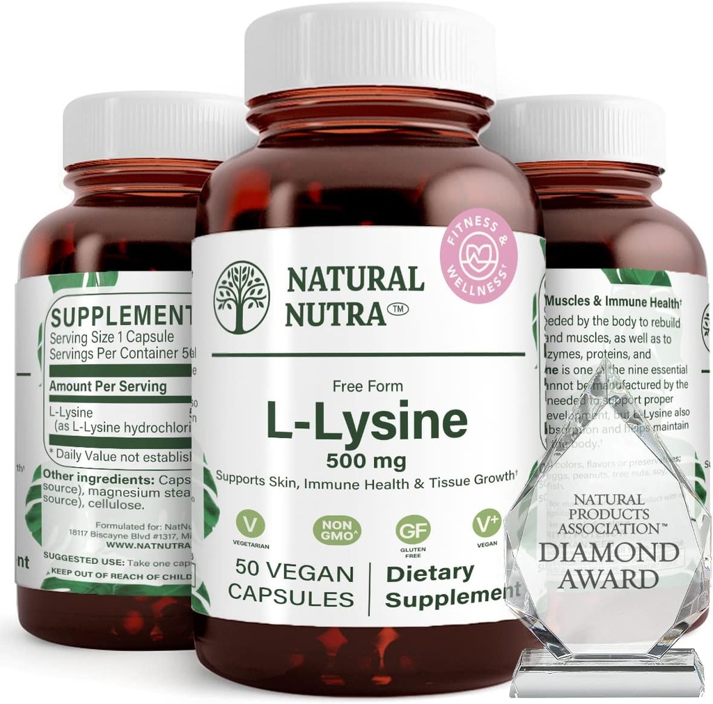 Naturlig Nutra L Lysin HCl, fremmer ben sundhed og vækst, Support Hudsundhed, Forbedre C-vitamin Absorption, Hjælper bygget kollagen, Forbedre Calcium Absorption, Non- GMO, Vegan, 500 mg, 50 kapsler.
